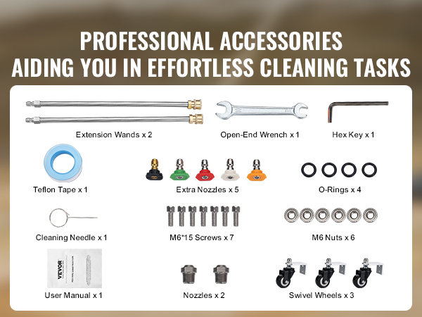 professional accessories for VEVOR pressure washer surface cleaner, including wands, nozzles, and tools.