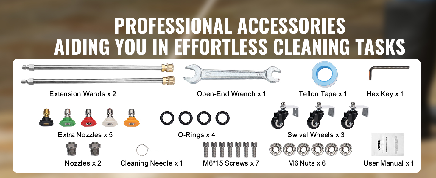 professional accessories for VEVOR pressure washer surface cleaner, including wands, nozzles, and tools.