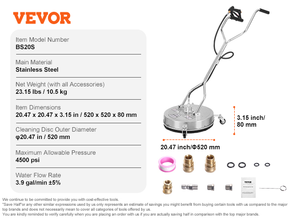 VEVOR pressure washer surface cleaner, stainless steel, 4500 psi, 20.47 inches, 3.9 gal/min, 23.15 lbs.