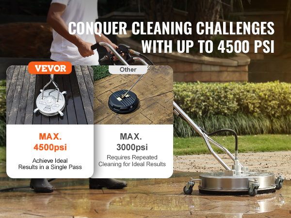 VEVOR pressure washer surface cleaner with up to 4500 psi, achieving ideal results in a single pass.