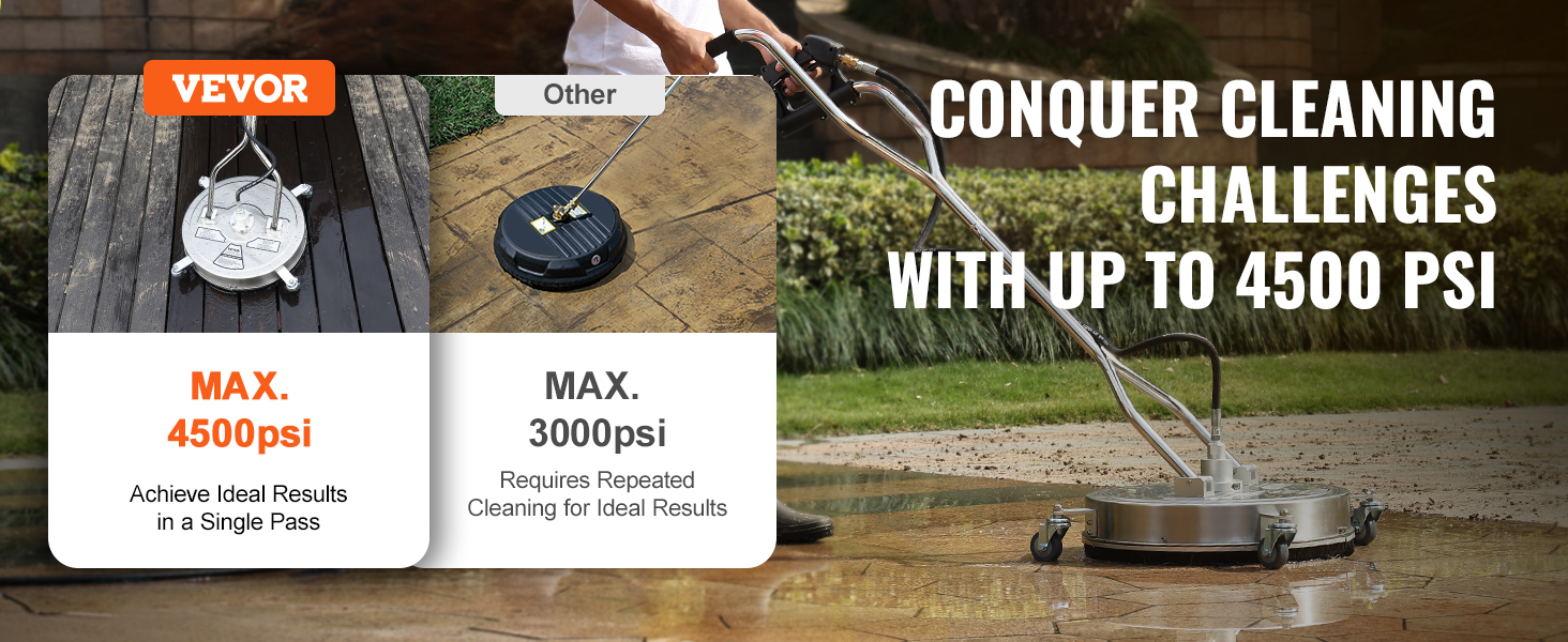 VEVOR pressure washer surface cleaner with up to 4500 psi, achieving ideal results in a single pass.