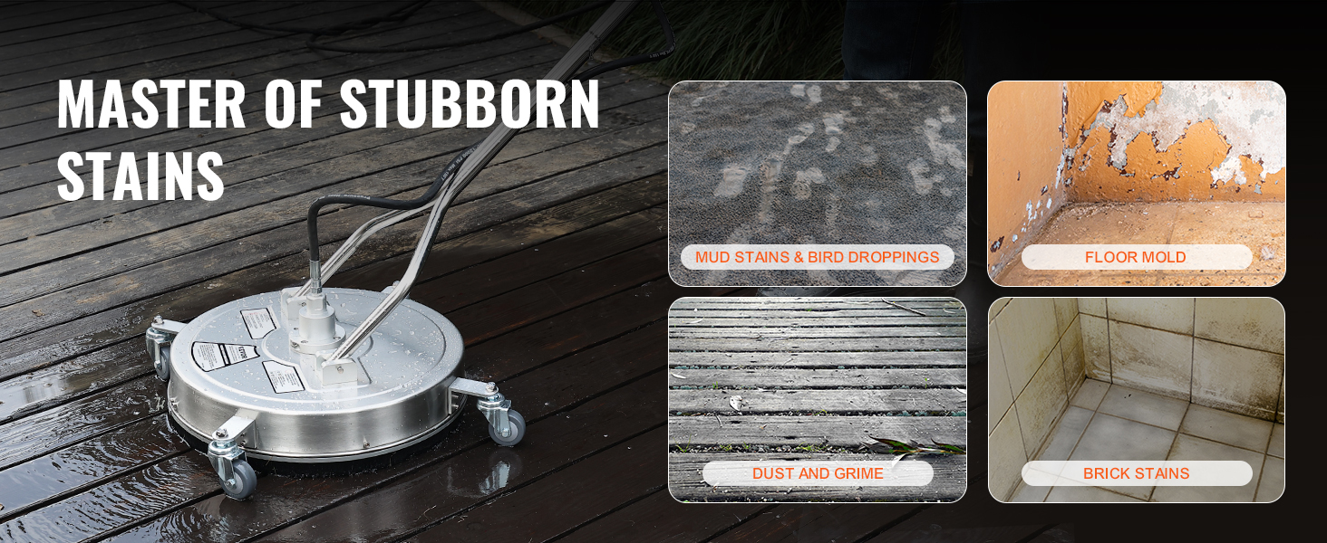 VEVOR pressure washer surface cleaner removes mud stains, floor mold, dust, grime, and brick stains.
