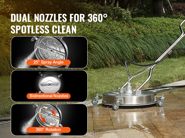 VEVOR pressure washer surface cleaner with dual nozzles for 360° spotless clean, 25° spray angle, and bidirectional nozzles.