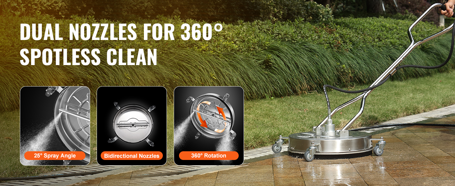 VEVOR pressure washer surface cleaner with dual nozzles for 360° spotless clean, 25° spray angle, and bidirectional nozzles.