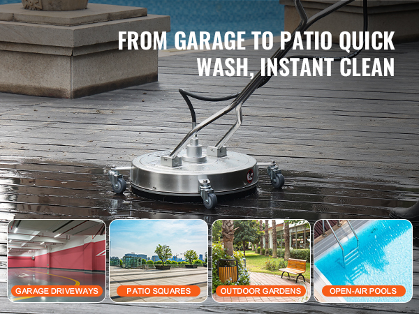 VEVOR pressure washer surface cleaner ideal for cleaning garages, patios, gardens, and open-air pools.