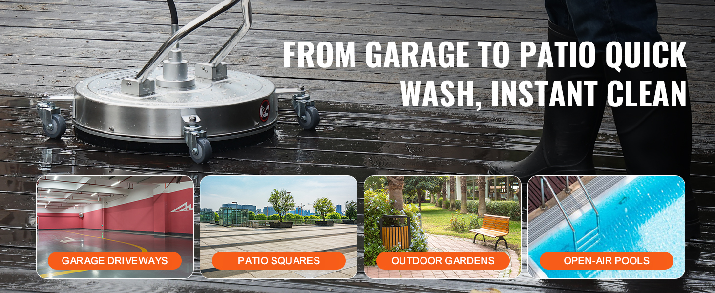 VEVOR pressure washer surface cleaner ideal for cleaning garages, patios, gardens, and open-air pools.