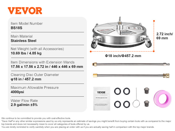 VEVOR pressure washer surface cleaner includes an 18-inch stainless steel disc, extension wands, and accessories.