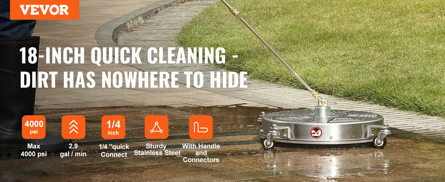 VEVOR 18-inch quick cleaner in use, cleaning pavement with high pressure.