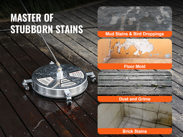 VEVOR pressure washer surface cleaner removing mud stains, bird droppings, floor mold, dust, and brick stains.