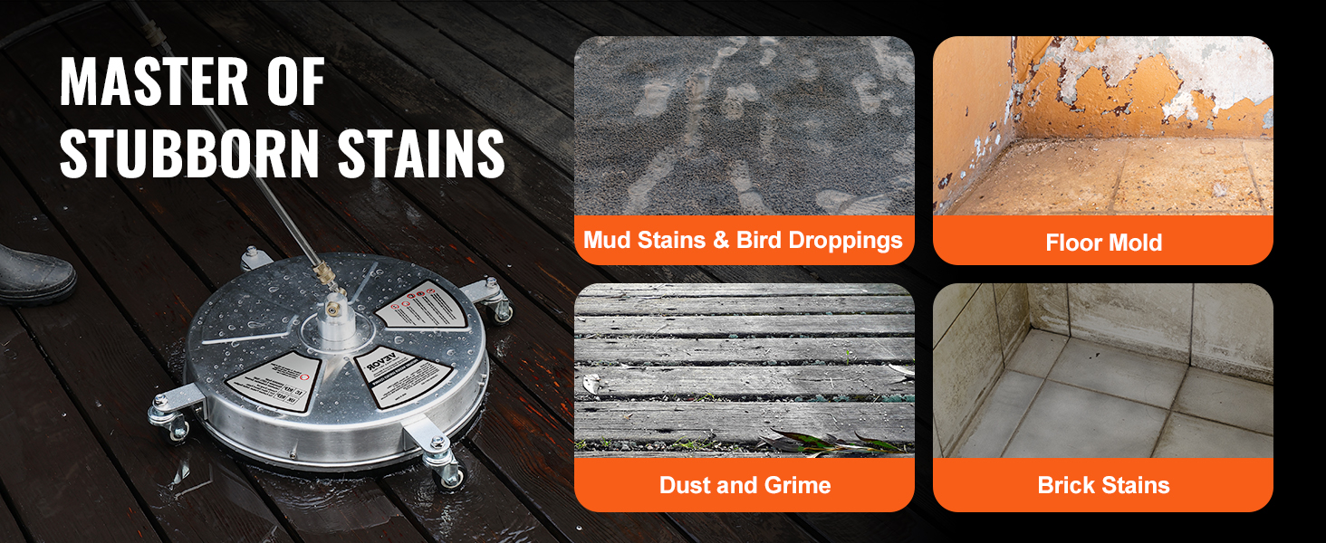 VEVOR pressure washer surface cleaner removing mud stains, bird droppings, floor mold, dust, and brick stains.