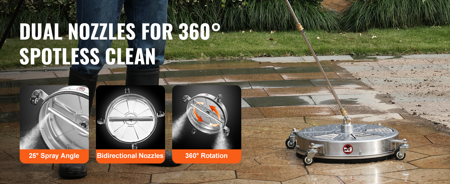 VEVOR pressure washer surface cleaner with dual nozzles for 360° spotless clean.