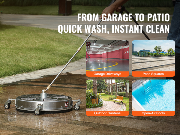 VEVOR pressure washer surface cleaner in action, cleaning driveways, patios, gardens, and pools.