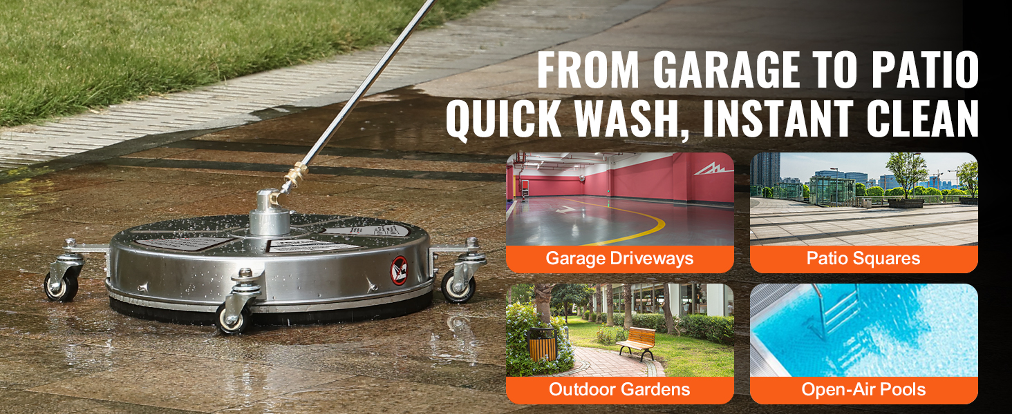 VEVOR pressure washer surface cleaner in action, cleaning driveways, patios, gardens, and pools.