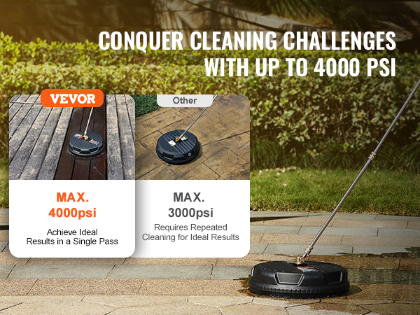 VEVOR pressure washer surface cleaner, max 4000psi, achieving ideal results on wood and stone surfaces.