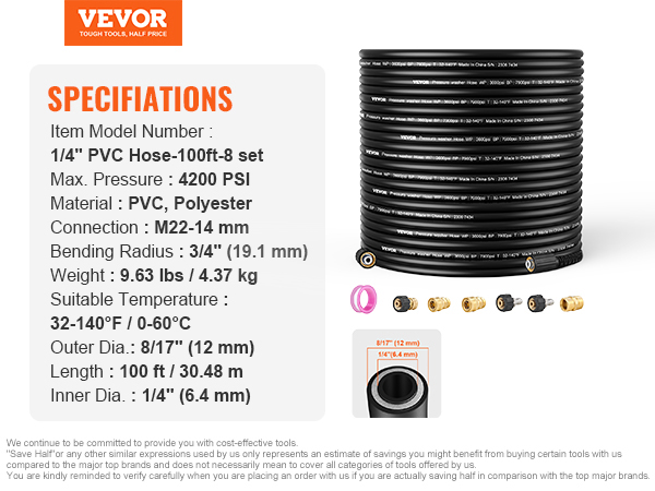 VEVOR pressure washer hose 100ft set, 4200 psi, pvc polyester, m22-14 mm connection, 32-140°f range.