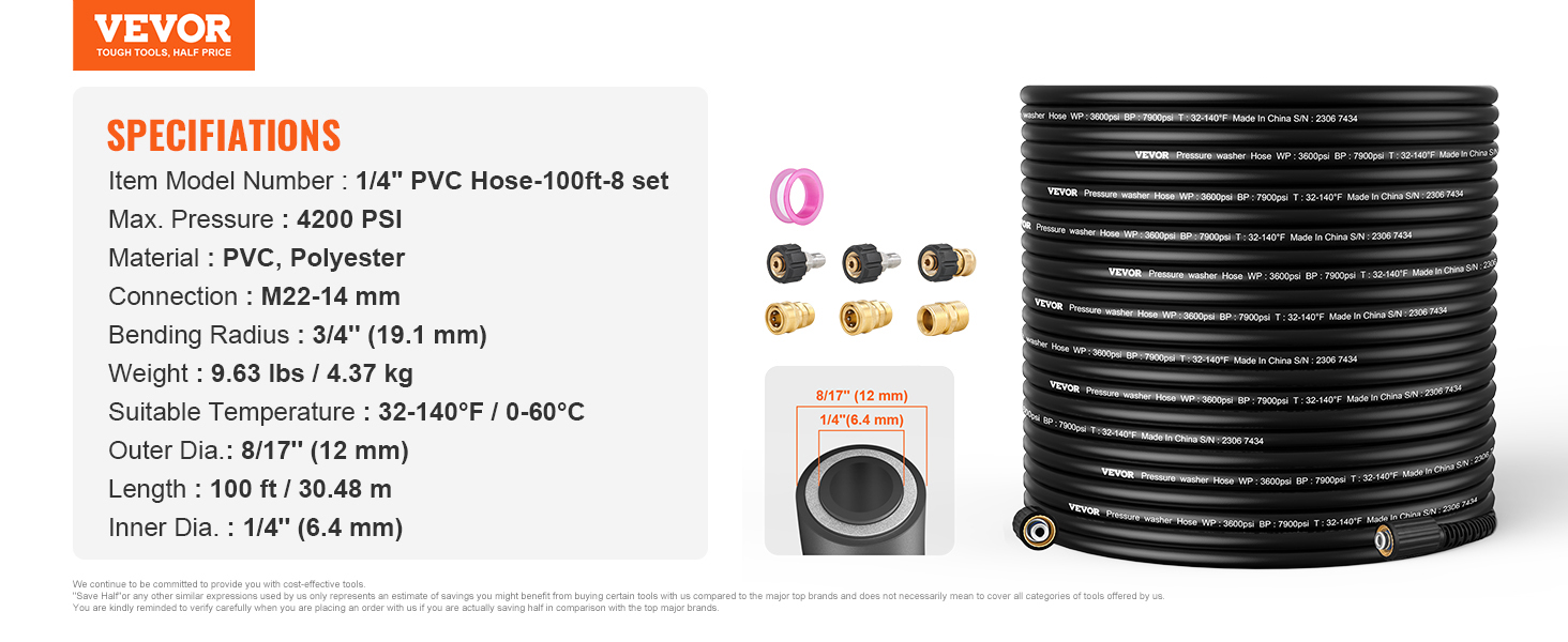VEVOR pressure washer hose 100ft set, 4200 psi, pvc polyester, m22-14 mm connection, 32-140°f range.