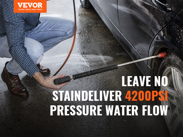 VEVOR pressure washer hose in use, delivering 4200 psi water flow to clean a car tire.