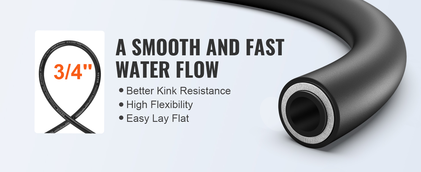VEVOR pressure washer hose 3/4" with kink resistance, flexibility, and easy lay flat design.