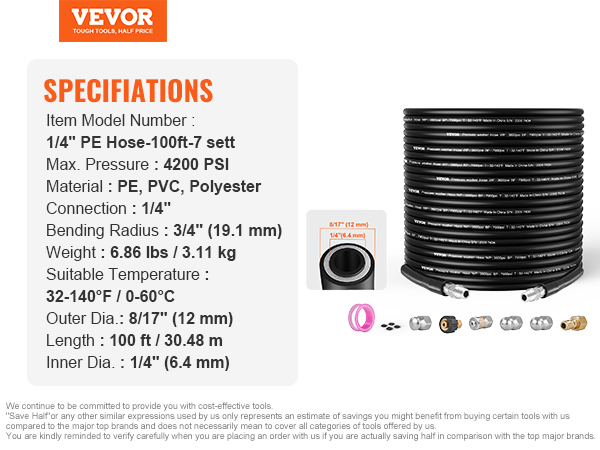VEVOR pressure washer hose, 100ft, 4200 psi, pe/pvc/polyester, 1/4" connection, bending radius 3/4".