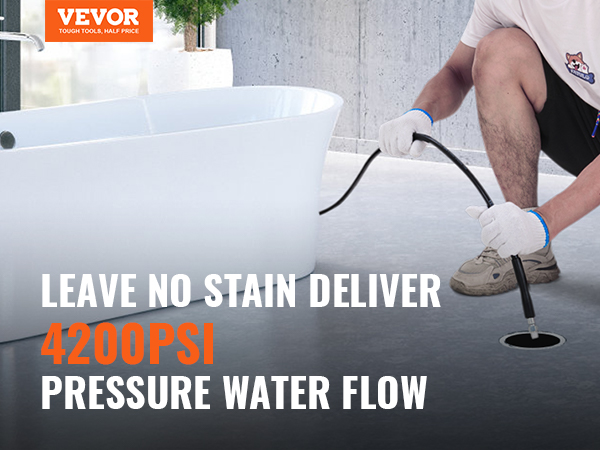 person using VEVOR pressure washer hose near modern bathtub, delivering 4200psi water flow.