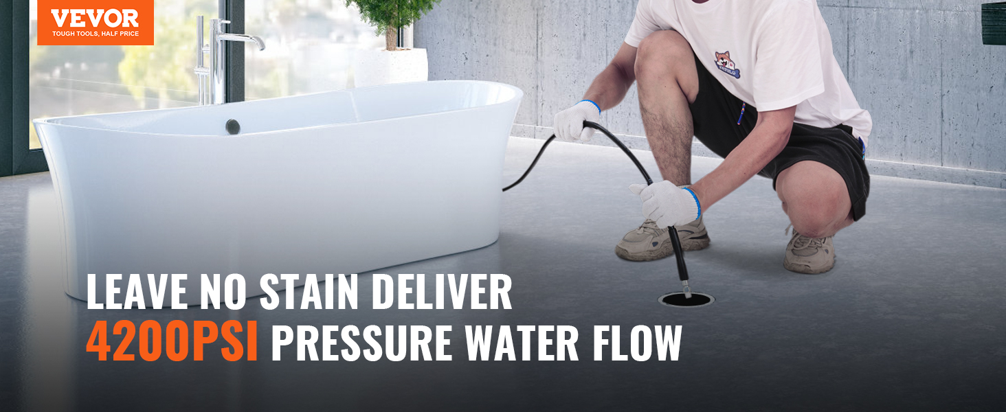 person using VEVOR pressure washer hose near modern bathtub, delivering 4200psi water flow.