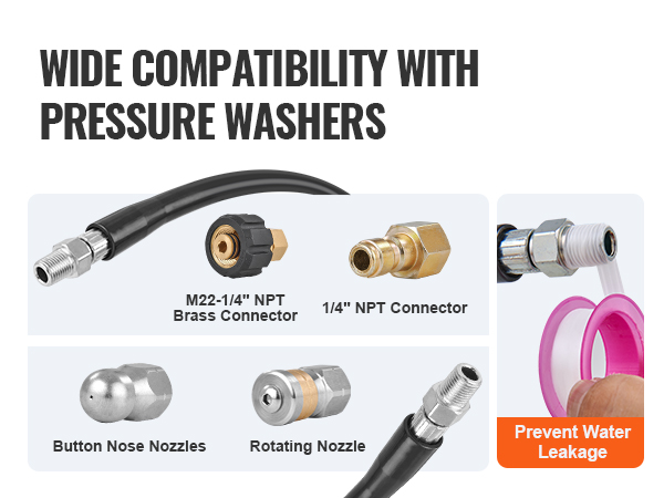 wide compatibility VEVOR pressure washer hose with connectors, button nose nozzles, rotating nozzle.
