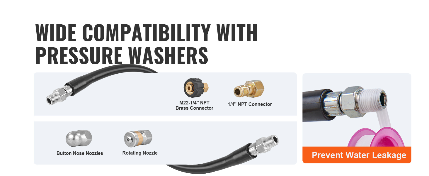 wide compatibility VEVOR pressure washer hose with connectors, button nose nozzles, rotating nozzle.
