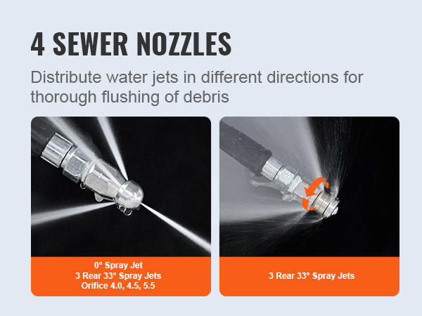 4 sewer nozzles for VEVOR pressure washer hose distribute water jets to flush debris thoroughly