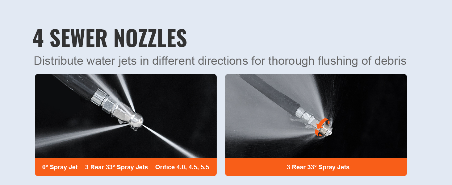 4 sewer nozzles for VEVOR pressure washer hose distribute water jets to flush debris thoroughly