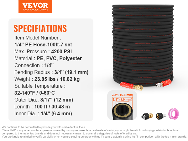 VEVOR pressure washer hose, 3/8" wire hose set, 4800 psi, steel, rubber, 100 ft length, 23.85 lbs.