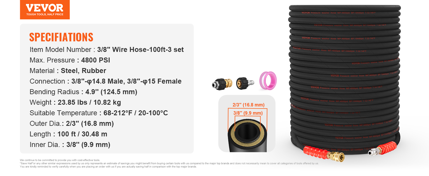 VEVOR pressure washer hose, 3/8" wire hose set, 4800 psi, steel, rubber, 100 ft length, 23.85 lbs.