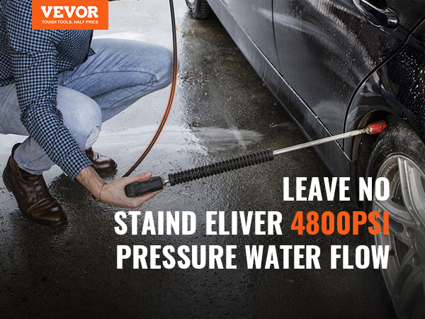 VEVOR pressure washer hose blasting car wheel at 4800psi, removing all stains efficiently.