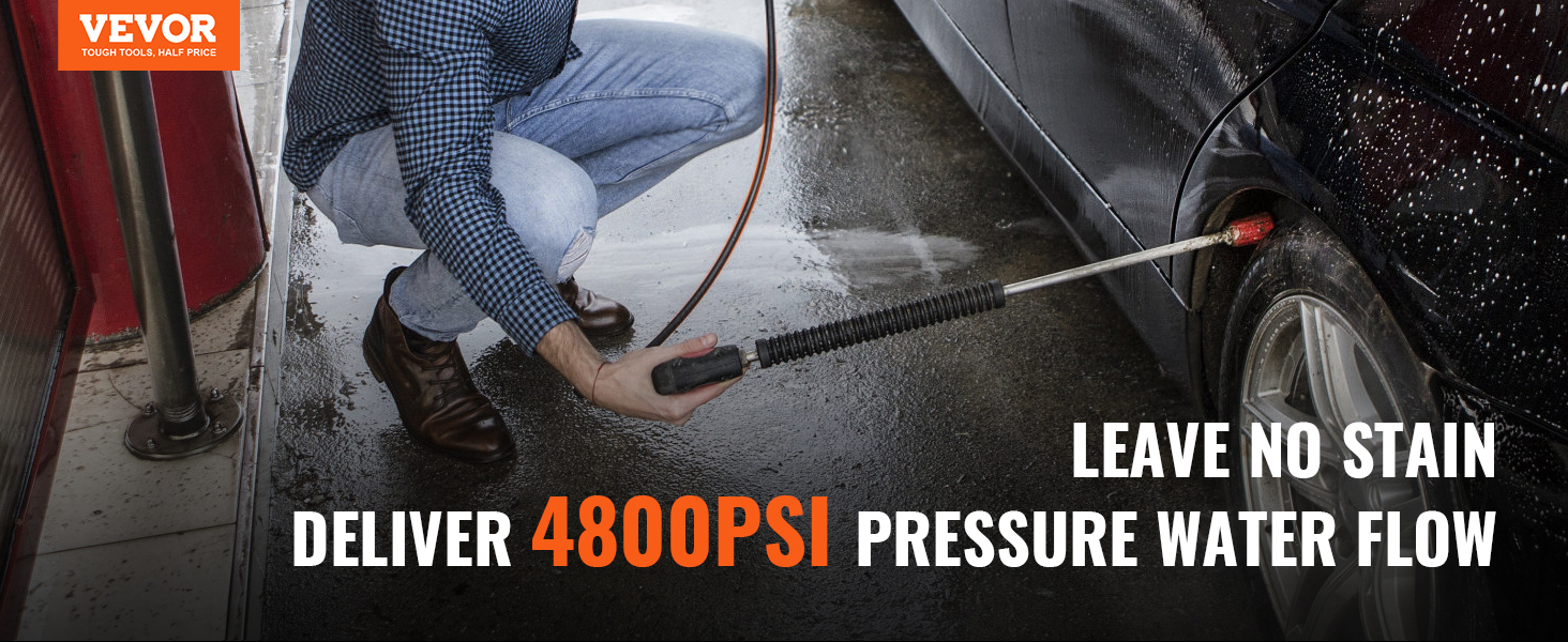 VEVOR pressure washer hose blasting car wheel at 4800psi, removing all stains efficiently.