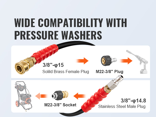 wide compatibility VEVOR pressure washer hose with brass female and stainless steel male plugs.