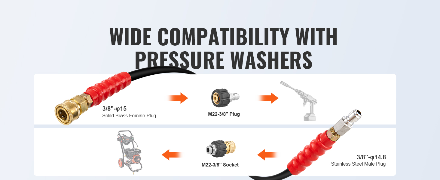 wide compatibility VEVOR pressure washer hose with brass female and stainless steel male plugs.