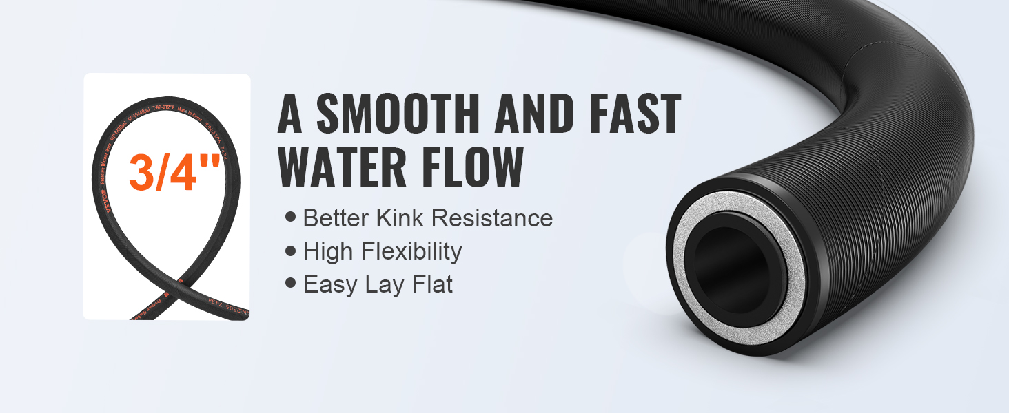 VEVOR pressure washer hose with 3/4" diameter, kink resistance, high flexibility, easy lay flat.