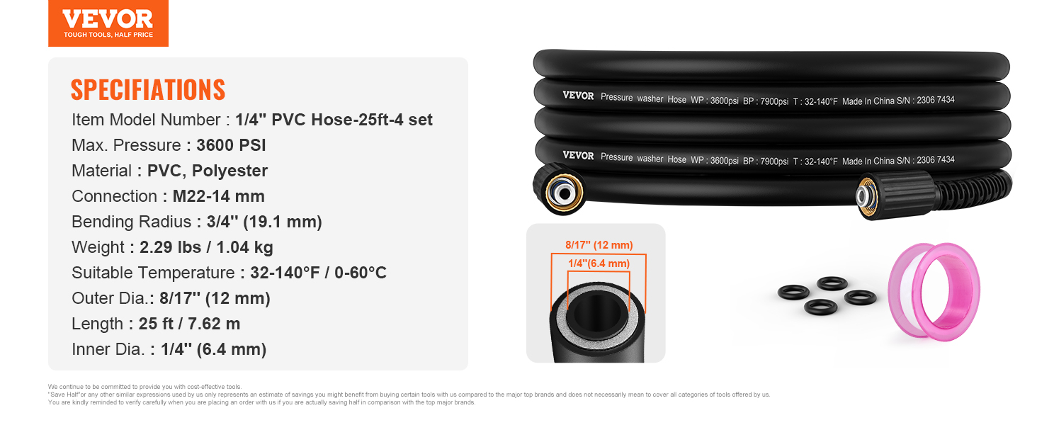 VEVOR pressure washer hose, 1/4" pvc, 25ft, 3600 psi, m22-14 mm connection. includes accessories.