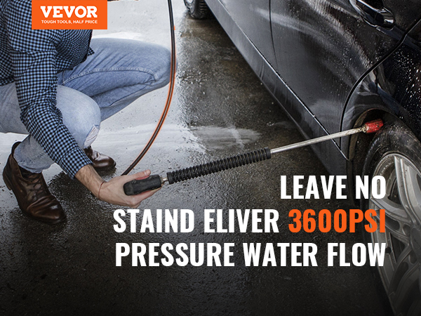 person using VEVOR pressure washer hose for car cleaning, delivering 3600 psi water flow.