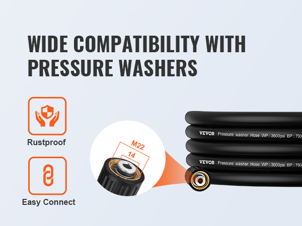 VEVOR pressure washer hose with rustproof brass connector and easy connect compatibility.