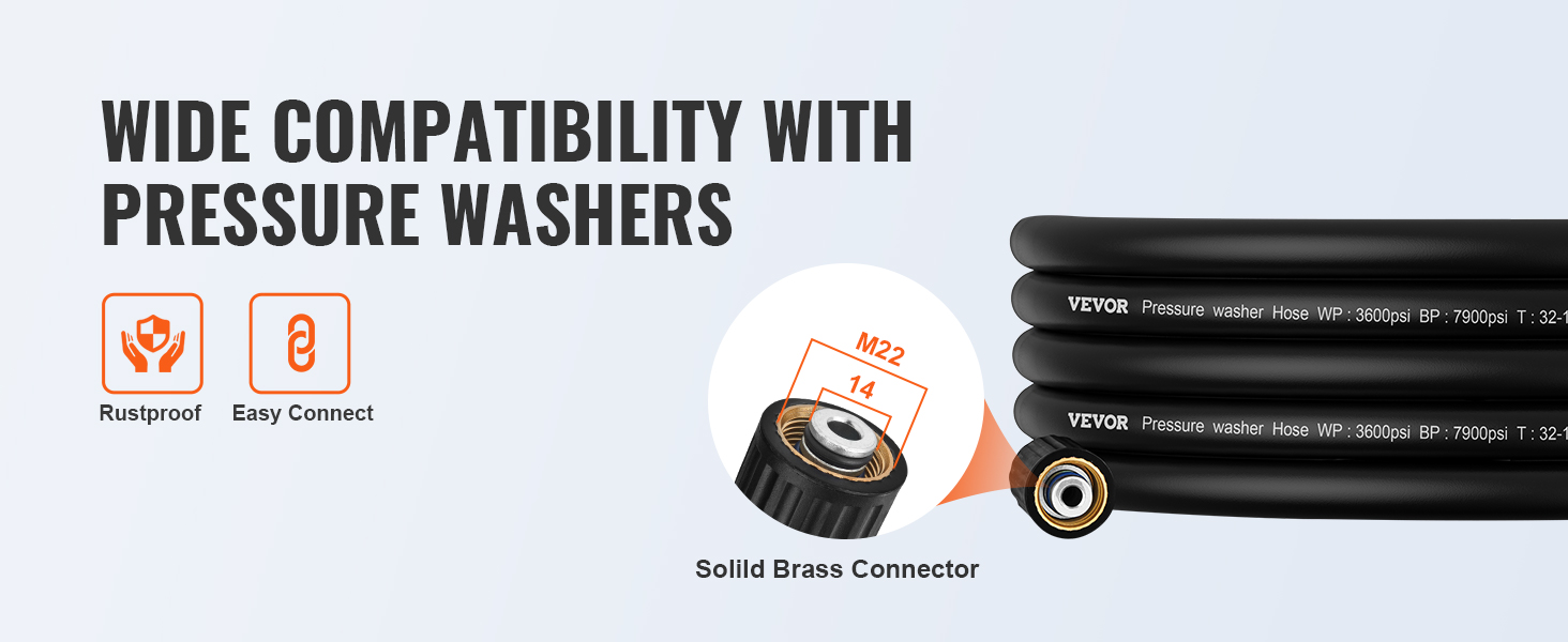 VEVOR pressure washer hose with rustproof brass connector and easy connect compatibility.
