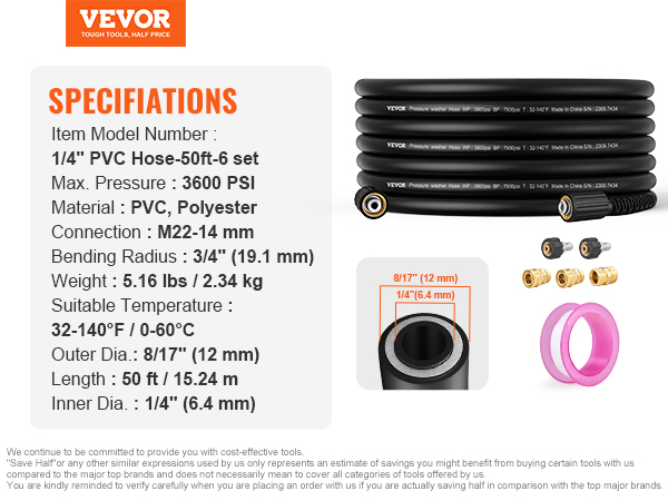 VEVOR pressure washer hose, 50ft length, 3600 psi max pressure, pvc material with connection accessories.