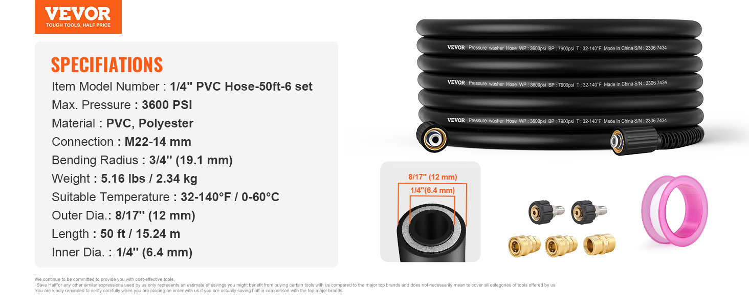 VEVOR pressure washer hose, 50ft length, 3600 psi max pressure, pvc material with connection accessories.