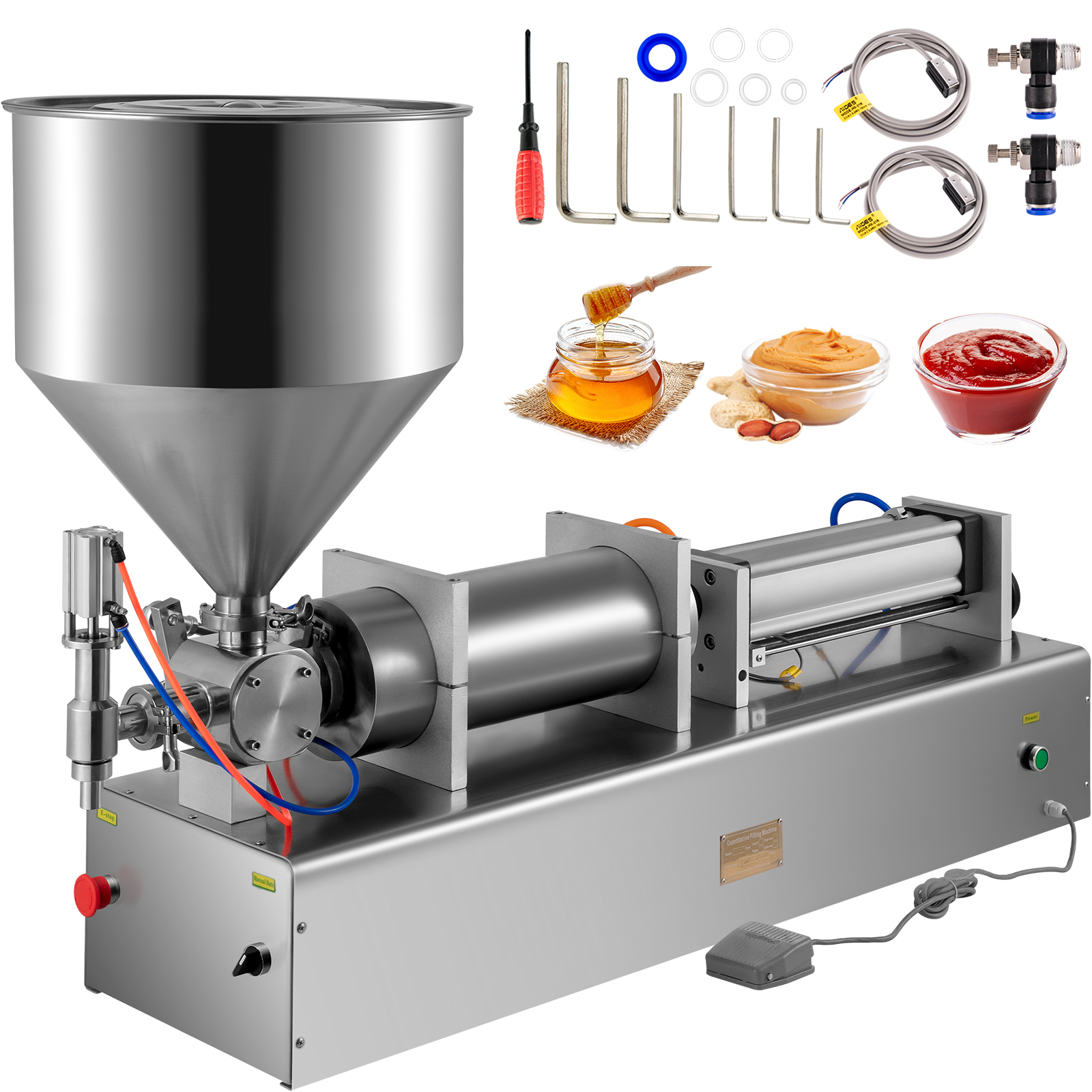 VEVOR liquid paste filling machine with accessories and samples of honey, peanut butter, and ketchup.