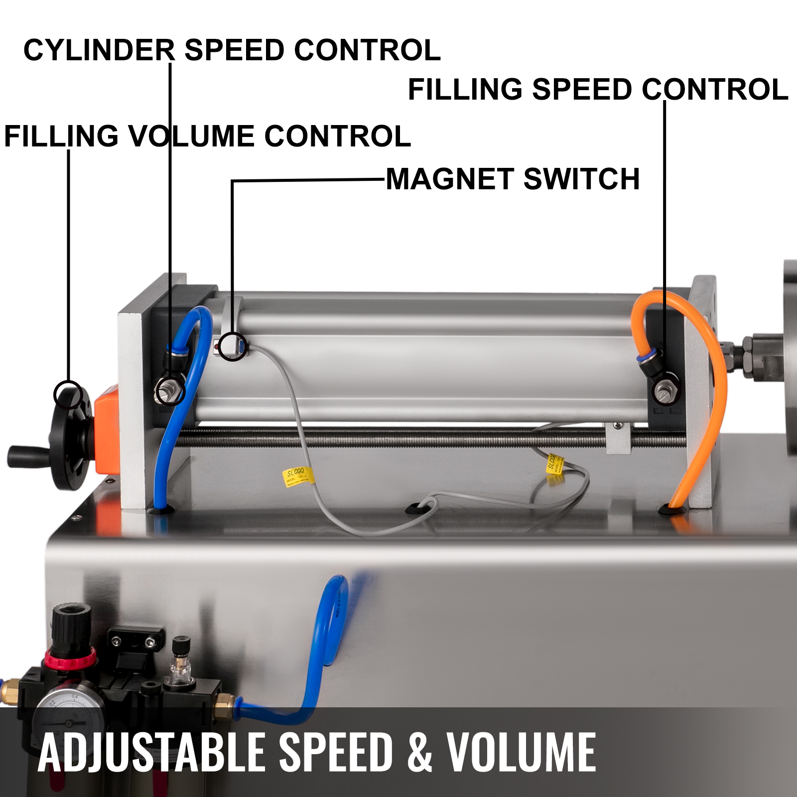 VEVOR liquid paste filling machine with adjustable speed and volume controls.