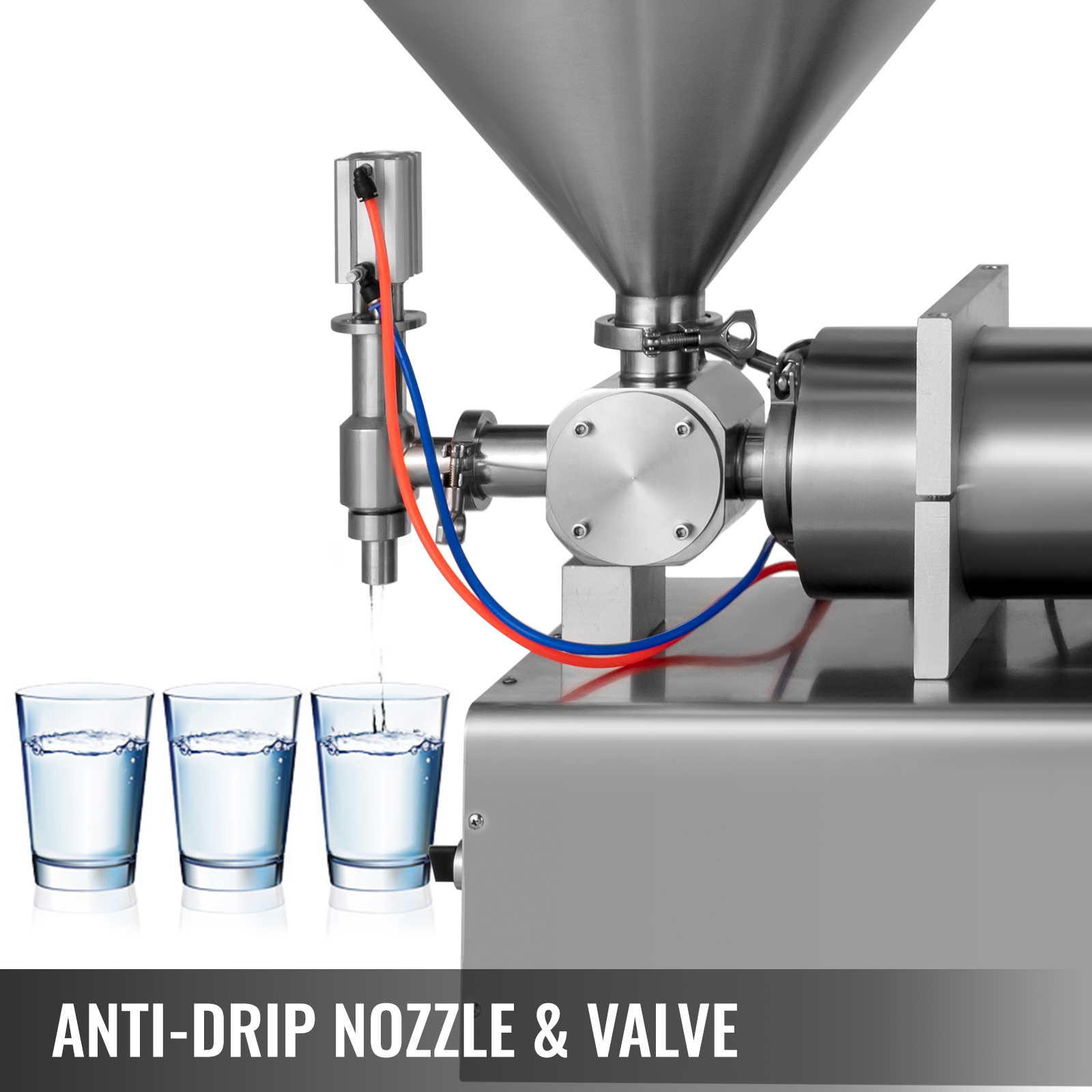 VEVOR liquid paste filling machine with anti-drip nozzle, filling three glasses.