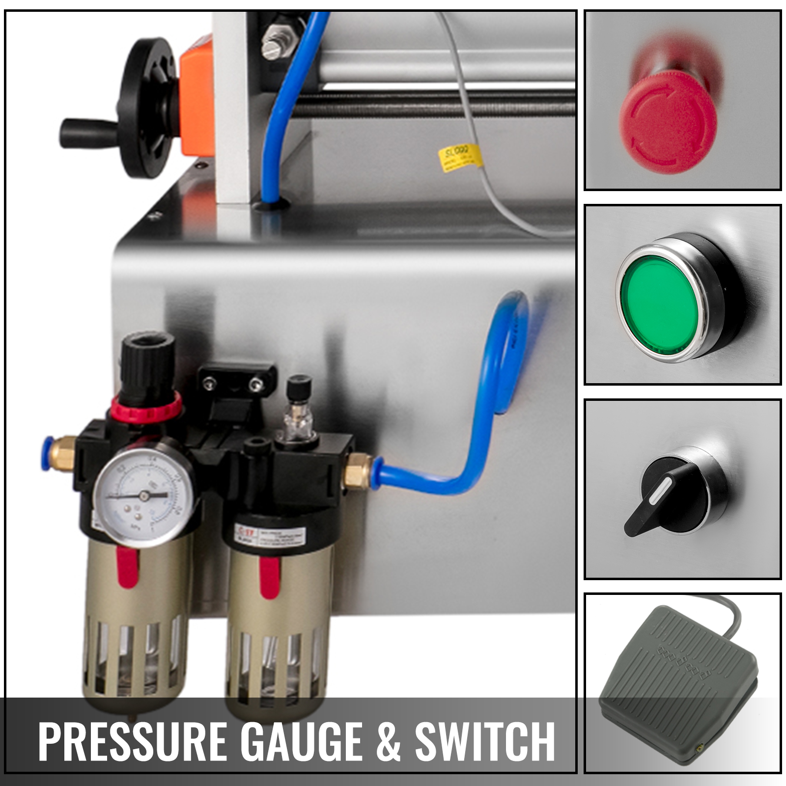 VEVOR liquid paste filling machine with pressure gauge, switches, and foot pedal control.