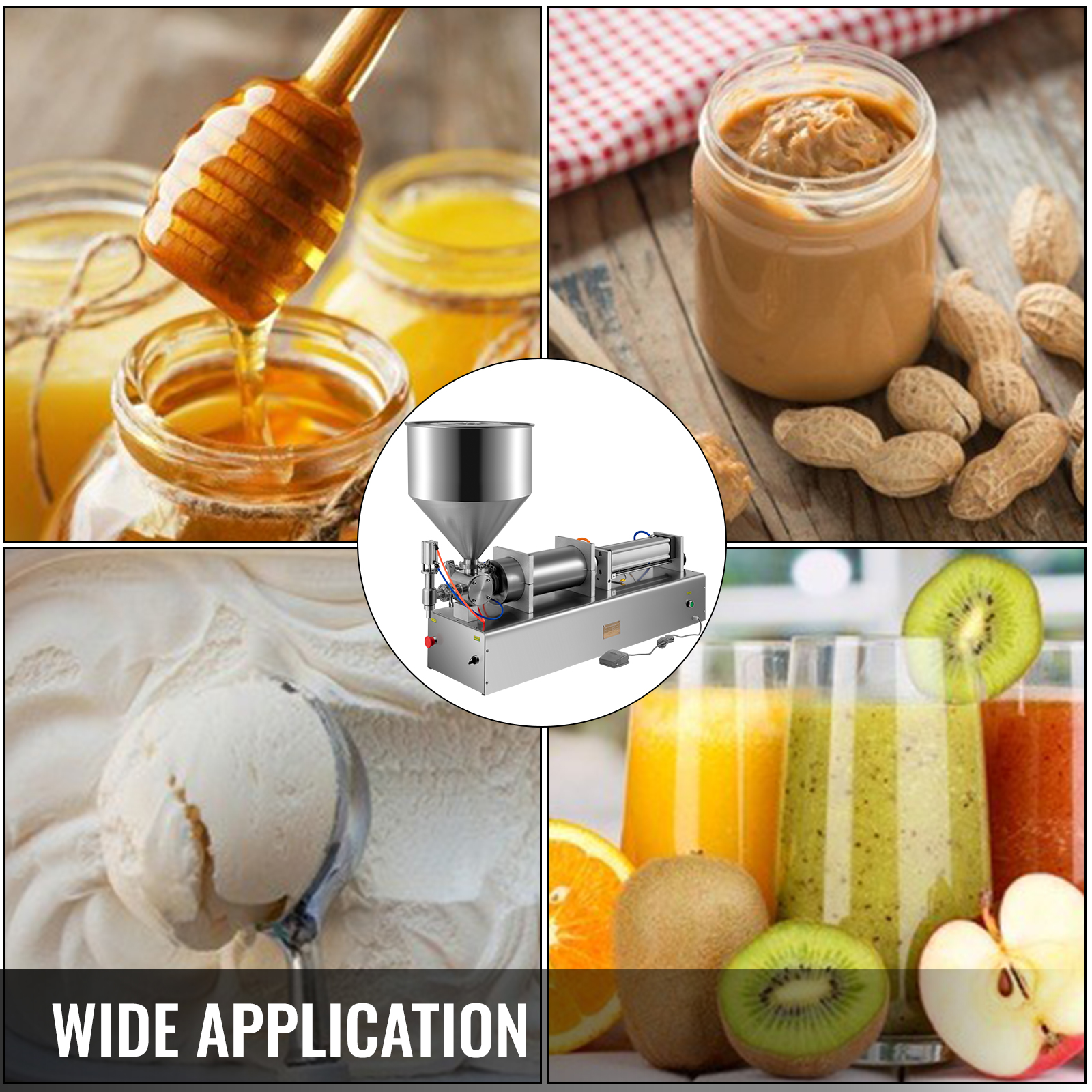 VEVOR liquid paste filling machine with honey, peanut butter, ice cream, and fruit juice.