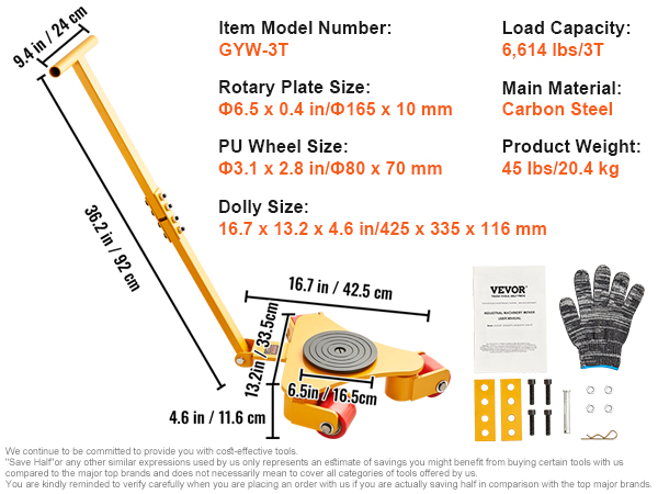 VEVOR machinery skate dolly, model gyw-3t with 6,614 lbs load capacity. includes gloves and manual.