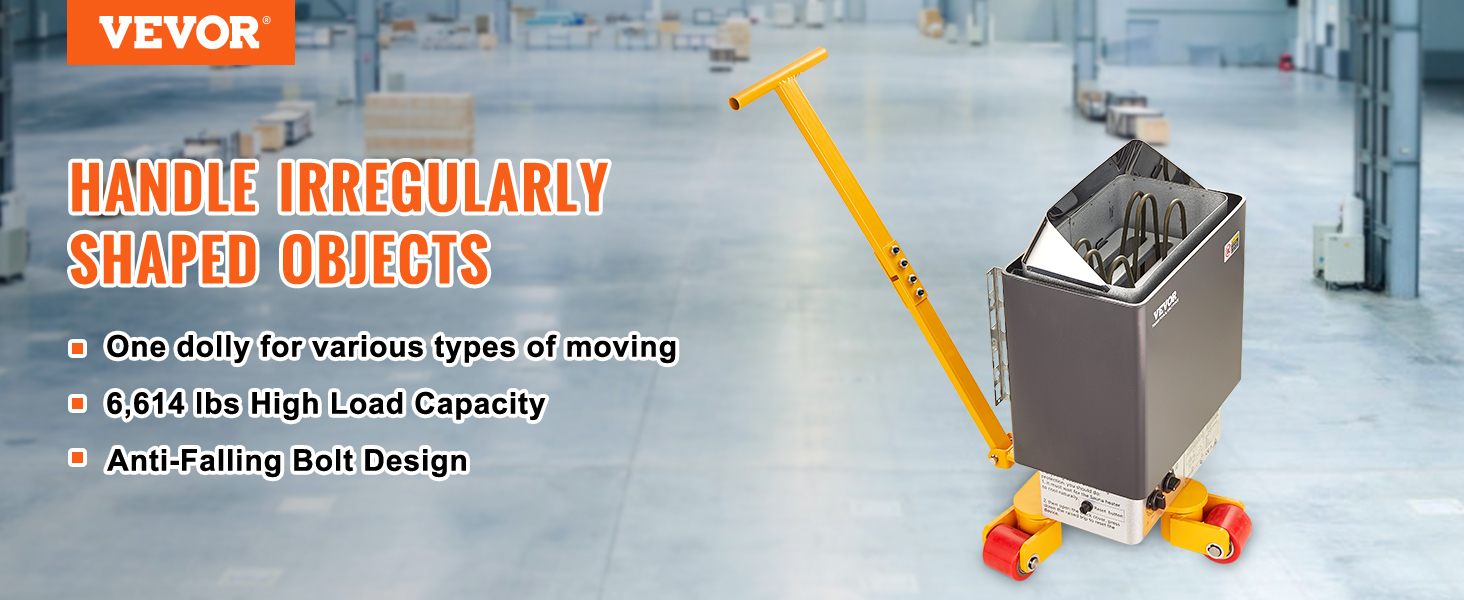 VEVOR machinery skate dolly, 6614 lbs capacity, anti-falling bolt, handle irregularly shaped objects.