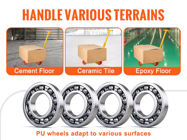 VEVOR machinery skate dolly with pu wheels for various surfaces; cement, ceramic, and epoxy floors.